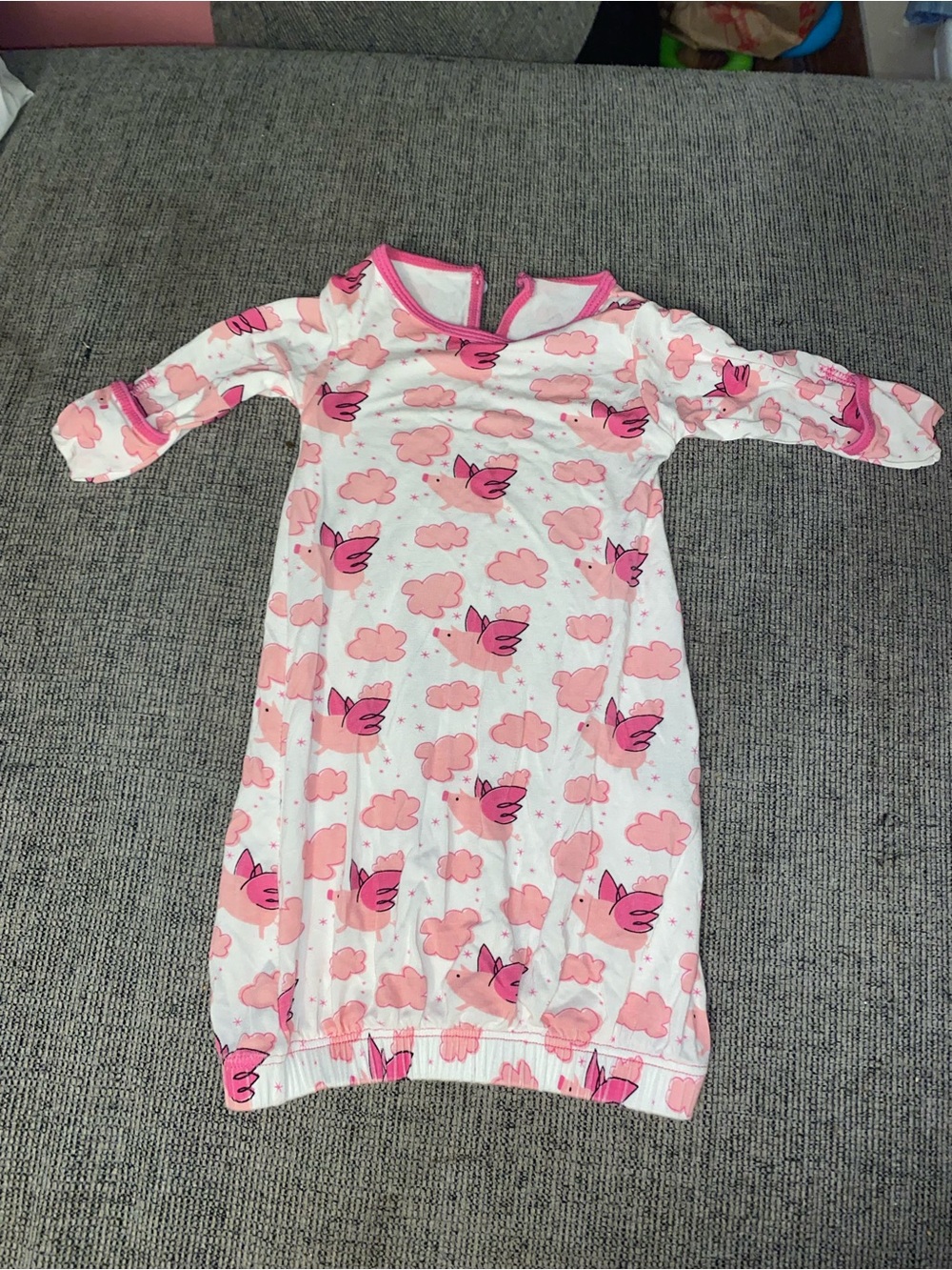 KicKee Pants Natural Flying Pigs Infant Sleep Gown Bamboo Pink NB GUC